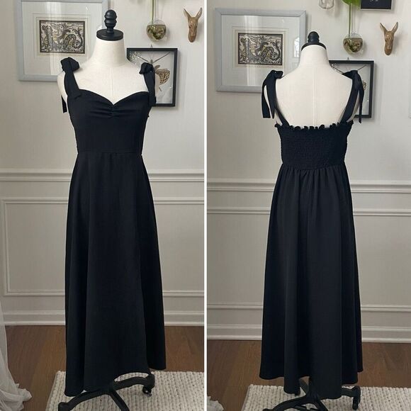 SHEIN Dresses & Skirts - SHEIN Black Shoulder Tie Midi Dress Smocked Back M 6